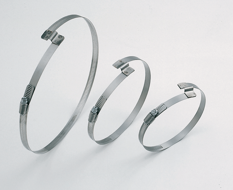 Flexaust Flexadux Heat-Flex Flex-Lok Springflex Bridge Clamps for hose terminations. The bridge clamps are pitched to match the pitch on the hoses to allow an air tight connection without hose damage. Bridge clamps are typically used if it is not desirable to use hose end cuffs for protection.