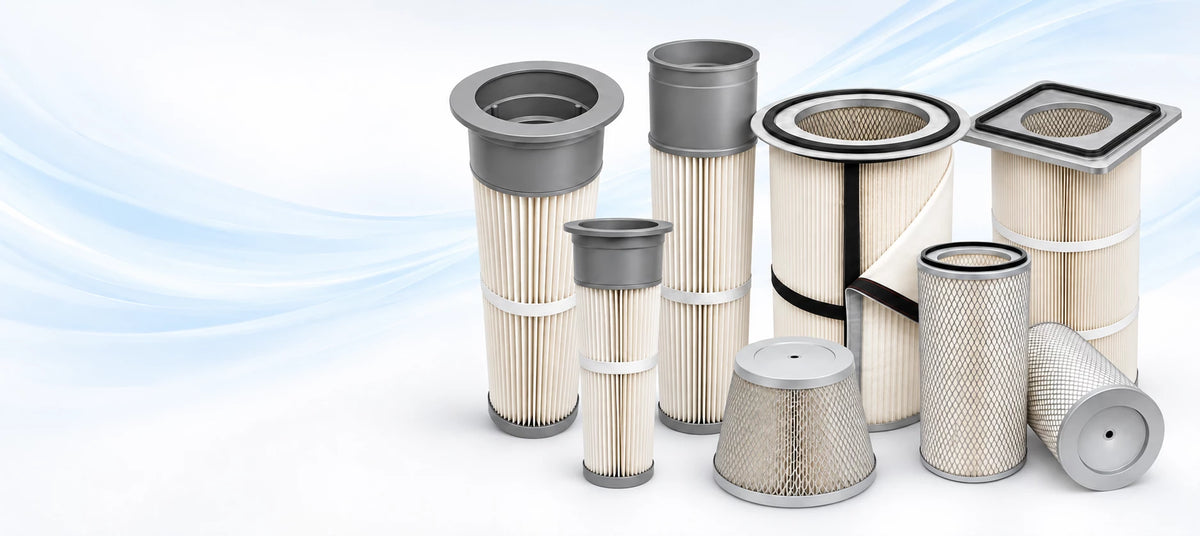 A group of pleated industrial air filters in various shapes and sizes, arranged together on a white background with a light blue abstract wave graphic.