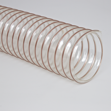 Flexaust Flx-Thane XLD, Flx-Thane XLD Flx-Thane XLD Hose Flx-Thane XLD Pharmaceutical Hose Flx-Thane XLD Food Gradel Hose Flx-Thane XLD Hose Oil Mist Extraction Flx-Thane XLD Dust Collection Hose Flx-Thane XLD Hose Very light weight clear polyurethane hose reinforced with a bronze coated spring steel wire helix, Cold Air Supply Hose