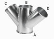 24 Inch double branch quick connect duct fitting, galvanized or stainless steel, for industrial dust collection systems