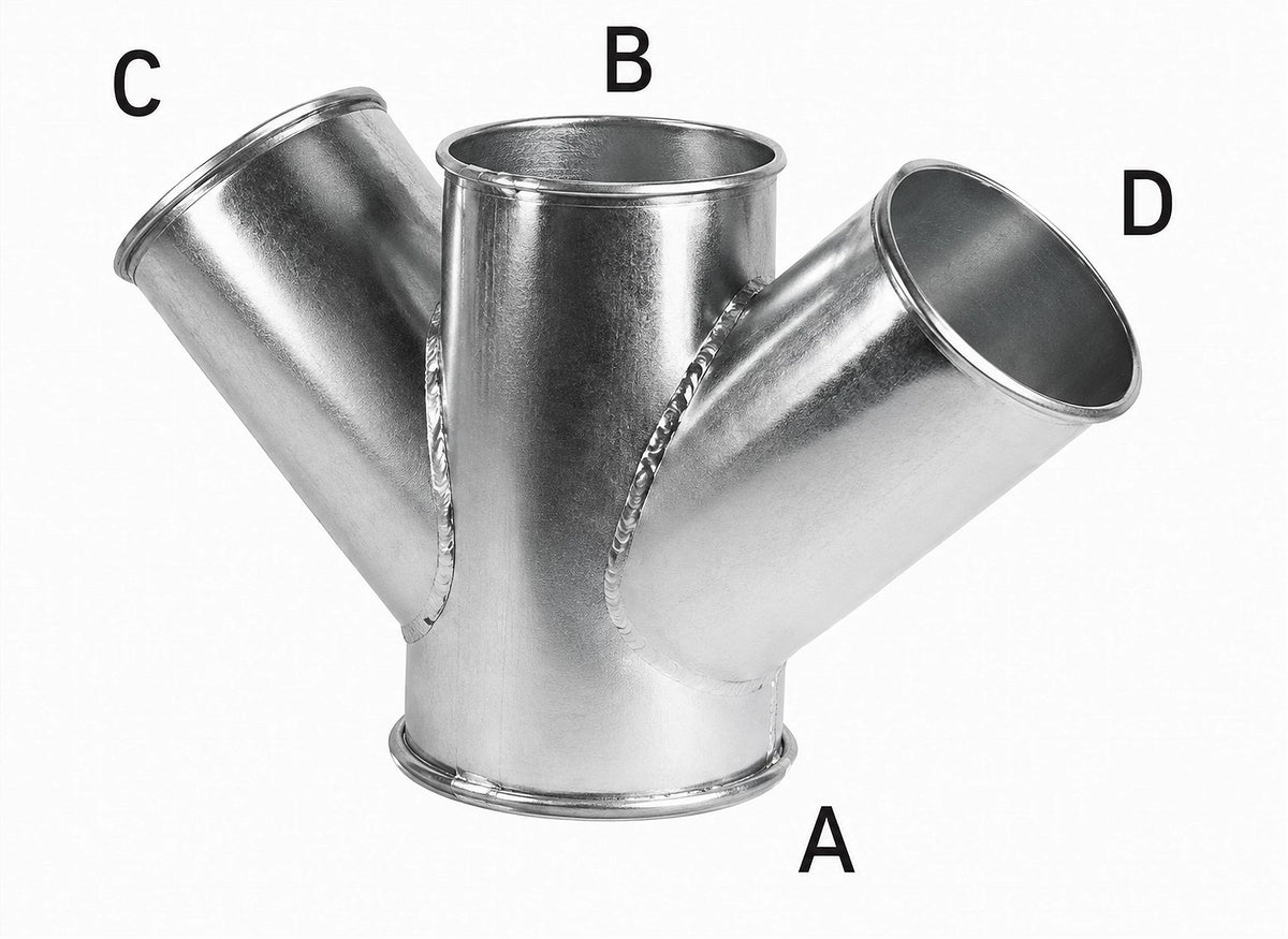 24 Inch double branch quick connect duct fitting, galvanized or stainless steel, for industrial dust collection systems