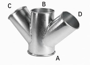 24 Inch double branch quick connect duct fitting, galvanized or stainless steel, for industrial dust collection systems