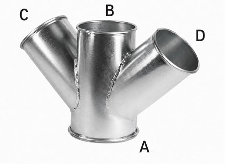 24 Inch double branch quick connect duct fitting, galvanized or stainless steel, for industrial dust collection systems