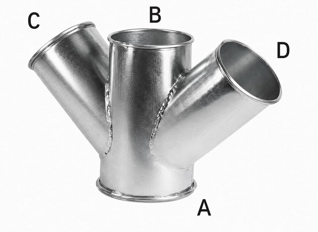 24 Inch double branch quick connect duct fitting, galvanized or stainless steel, for industrial dust collection systems